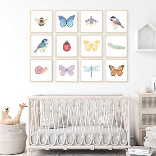 Garden creatures wall art, nursery butterfly prints, baby girl room decor, bird square prints, toddler gallery wall, firefly, ladybug, bee.