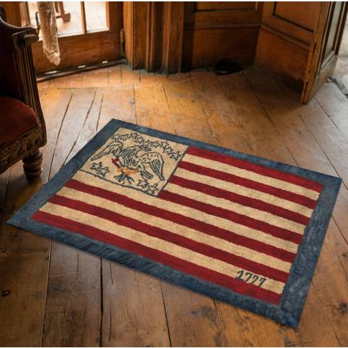 Handmade Patriotic Flag Folk Art Rug - Americana Home Decor, Primitive Design, Hooked Rug Look, July 4th Floor Mat, Colonial Style, Vintage