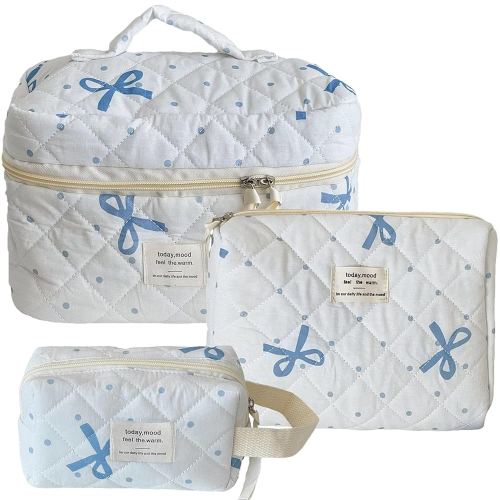 MakeUp Bag for Women 3pcs Quilted Cosmetic Bag set Blue Bow Make Up Pouch Cute Cotton Travel Toiletry Bag for Women Girls (F)