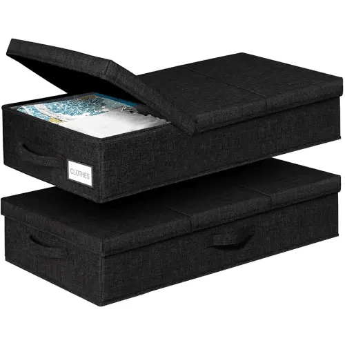 punemi Under Bed Storage Containers, Set of 2 Low Profile Under Crib Storage Bins With Lid, Large Sturdy Under Bed Clothes Drawer Organizers Box for Dorm Room Couch Closet Basement, Black