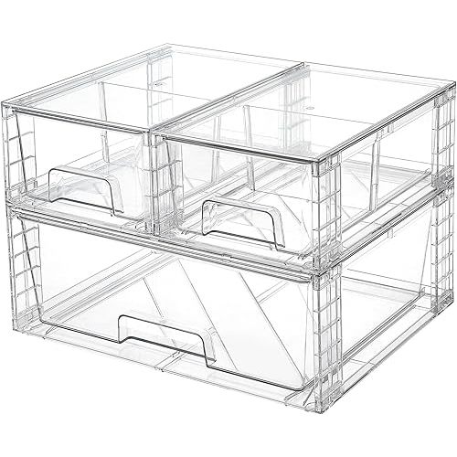 Vtopmart 3 Pack Stackable Storage Drawers, Easily Assemble Acrylic Bathroom Undersink Organizers,Clear Plastic Storage Bins for Closet,Cabinet,Pantry,Medicine Organization