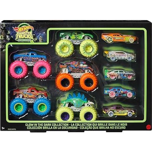 Hot Wheels Toy Monster Trucks 10-Pack of Glow-in-The-Dark 1:64 Scale Vehicles, GITD Set of 5 Trucks & 5 Cars, Play Vehicles for Kids & Collectors