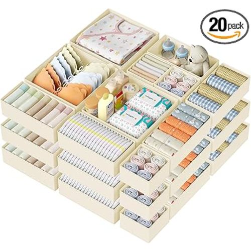 DIMJ Drawer Organizer Clothes 20 Pack - Foldable Baby Organizers and Storage & Dresser Organizer for Bedroom, Closet - Nursery Organization Dresser Dividers for underwear, Sock,Bra, Belt, Tie, Beige