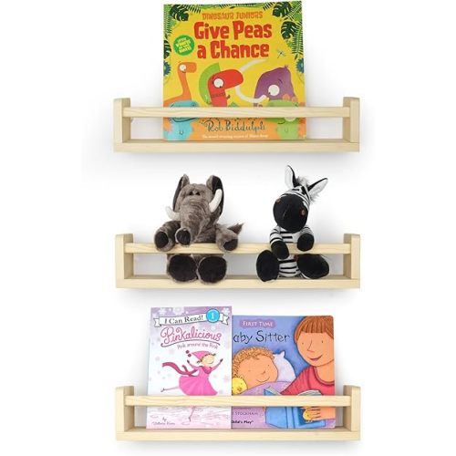 Nursery Book Shelves for Wall, 16.5 Inch Solid Wood Floating Nursery Bookshelf, Wooden Floating Shelves for Toys and Decor Storage, 16.5 Inch Set of 3 Natural Wood