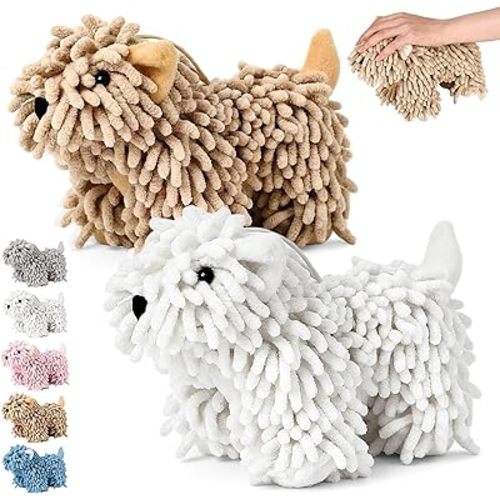 Tegeme 2 Pcs Chenille Dog Hand Towel Fuzzy Dog Towel Absorbent Microfiber Soft for Bathroom Kitchen Washstand (White Brown)