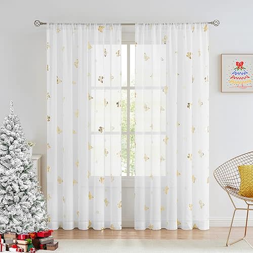 Jubilantex Butterfly White Sheer Curtain Panels for Kids Nursery Girl, Gold Print Toddler Linen Textured Voile Rustic Rod Pocket Drapes 84 Inch for Farmhouse, Living Room, Bedroom, 2 Panels