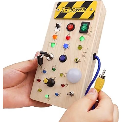 Hikoshi Montessori Switch Busy Board with LED Light - Montessori Toys for 1 2 3 4 Year Old, Wooden Toddler Busy Boards Light Switches Toy, Travel Educational Sensory Toys for Toddlers 1-3 Boys Girls