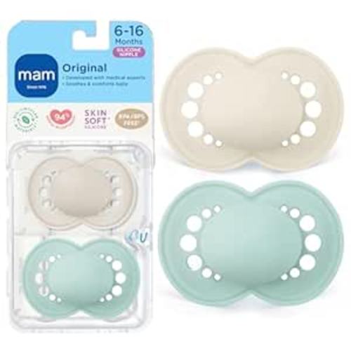 MAM Original Matte Baby Pacifiers 6-16 Months, Binky for Newborn Babies, BPA-Free Skin Soft Silicone Nipple, Easy to Clean, Developed with Medical Experts, 2 Pk, with Sterilizer Case, Made in Europe