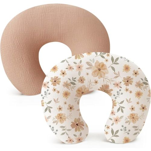 Konssy 2-Pack Muslin Nursing Pillow Covers, Soft & Adorable Nursing Covers for Breastfeeding Pillows, Slipcovers for Newborn Boys & Girls(Toffee, Flourish)