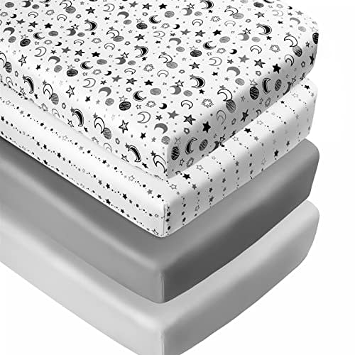 FIGEPO 4 Pack Star and Moon Neutral Unisex Fitted Baby Crib Sheets Set for Baby Boys or Girls