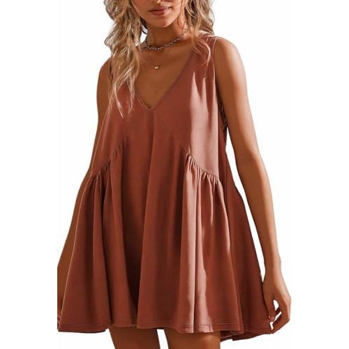 Womens Summer Sleeveless Mini Dress Casual V Neck Loose Pleated Sundress with Pockets