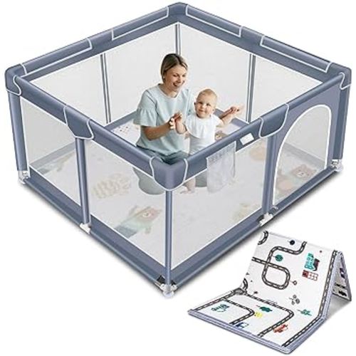 Suposeu Baby Playpen with Mat, Portable Baby Play Yard for Toddler, Safety Baby Gate playpen with Soft Breathable Mesh, Indoor and Outdoor, Large Kids Activity Centery (50 Inch×50 Inch, Grey)