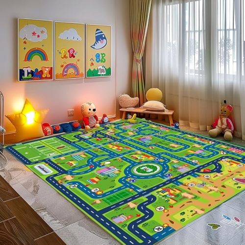 Car Rug Play Mat,Road Rug Kid Play Mat,Playroom Toy Car Mat, Kids Carpet City Map for Bedroom Classroom,Extra Large Thick (59X39.4 Inch)