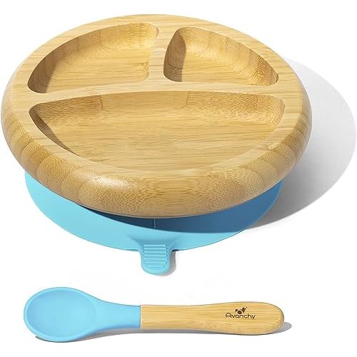 Avanchy Baby Plates Divided Bamboo with Suction for Babies Kids Toddler Food with Silicone Spoon for Feeding (Blue)