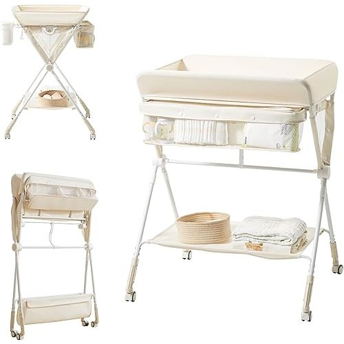 Baby Diaper Changing Table, Portable Diaper Changing Table with Wheels, Foldable Changing Table with 3-Level Adjustable Height, Portable Changing Table with Storage Oatmeal