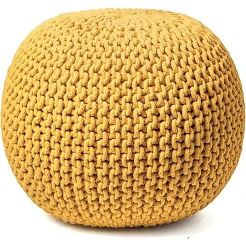 FRELISH DECOR Round Pouf Ottoman Hand Knitted 100% Cotton Pouf Foot Stool - Knitted Bean Bag - Floor Chair for Living Room Bedroom - Foot Rest for Couch (20 Diameter x 14 Height) - Yellow