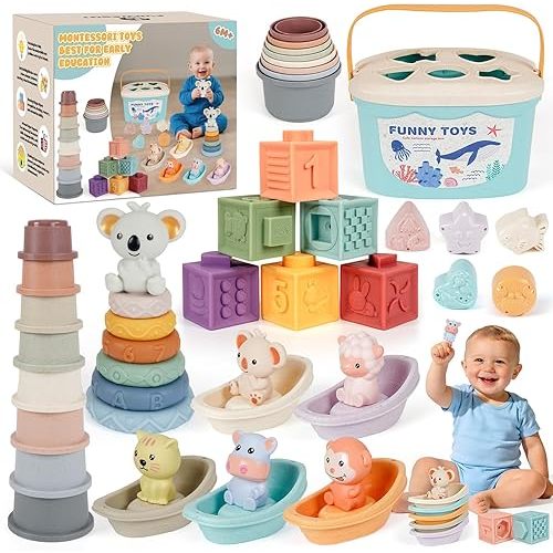 Montessori Baby Toys for Infants 6-18 Months, Shape Sorter for Toddler 6–12 Months, Sorting Stacking Toy for Fine Motor Skills, Sensory Learning Set with Stacking Rings for Babies Birthday Gift（Blue）