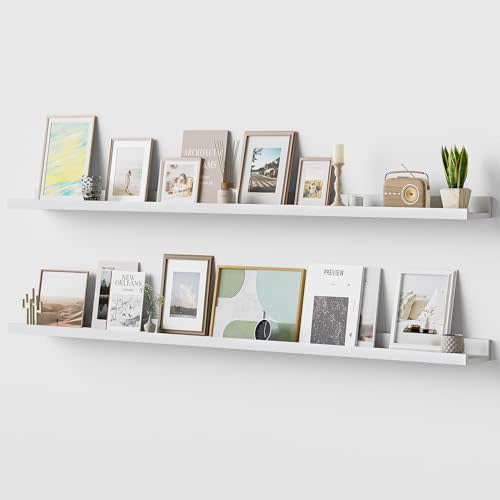 Acovy Long Floating Shelves for Wall, 55 inch Solid Wood Picture Ledge Shelf, Picture Shelf for Wall with Ledge, Floating Book Shelves for Living Room Bedroom Kitchen Nursery Decor, White, Set of 2