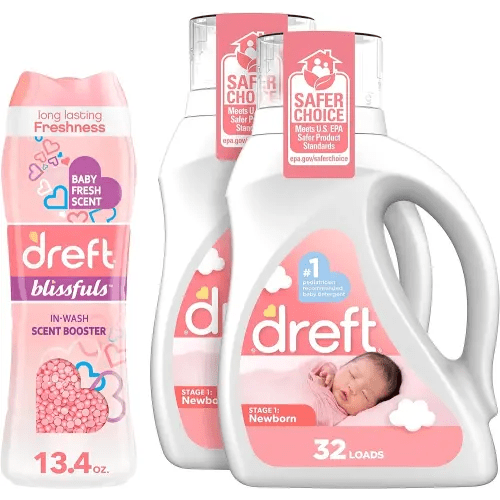 Bundle of Dreft Stage 1: Newborn Hypoallergenic Baby Laundry Detergent Liquid Soap, 46 Fl Oz, (Pack of 2) + Dreft Blissfuls In-Wash Scent Booster Beads, Baby Fresh, 13.4 oz