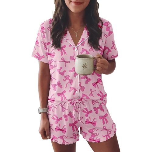 Ekouaer Womens Pajama Sets Button Down Cute Ruffled Pjs Set Sleepwear | Soft 2 Piece Pjs, Lightweight and Stretchy, Notch Collar Tops with Ruffled Shorts, Cute Lounge Sets,XS-3XL