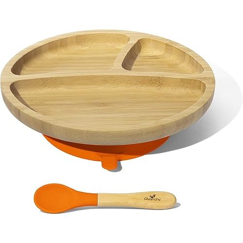 Avanchy Toddler Baby Plates Divided Bamboo, Suction for Babies Kids Toddler Food with Silicone Spoon for Feeding, Orange
