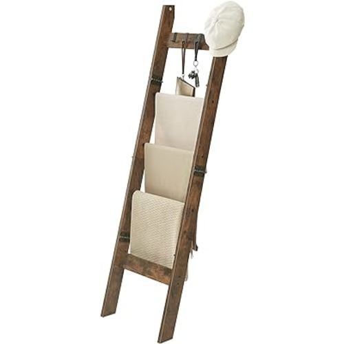Blanket Ladder Shelf for Living Room, Decorative Wood Quilt Rack with 4 Removable Hooks, 5-Tier Farmhouse Ladder Holder Organizer for Bedroom, Rustic Brown 02101BBR