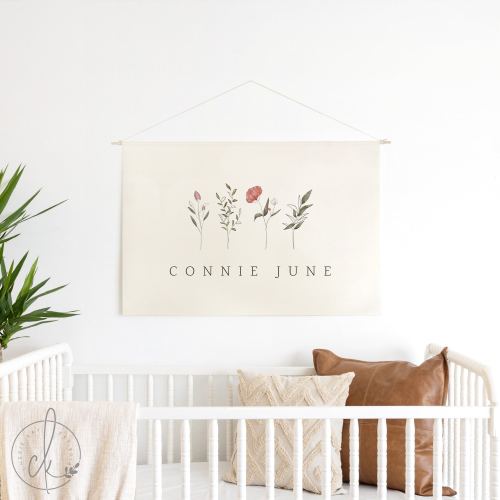 Girl Name Sign With Wildflowers | Dowel Rod Canvas | Nursery Wall Art | Personalized Nursery Decor | Kids Room Decor | Connie June