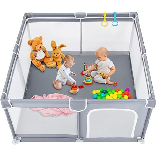 TODALE Baby Playpen 50”×50” Gray Playpen for Babies and Toddlers, Safe & Sturdy, Small Baby Play Yard with Anti-Slip Base & Breathable Mesh- Indoor & Outdoor Baby Play Pen for Toddler & Infant - 50x50x27 Inch (Pack of 1)