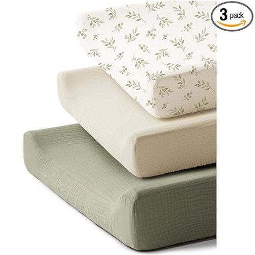 3 Pack Muslin Changing Pad Covers for Baby Boys and Girls | 100% Cotton, Soft & Breathable, Easy to Put On & Off, Machine Washable, Baby Nursery Diaper Changing Table Sheet