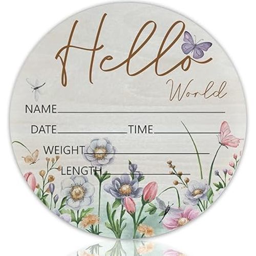Hello World Butterfly Theme Baby Name Sign Birth Announcement Plaque with Name Date Weight 6" Round Birch Wood Nursery Decor Newborn Hospital Keepsake Gift for Parents