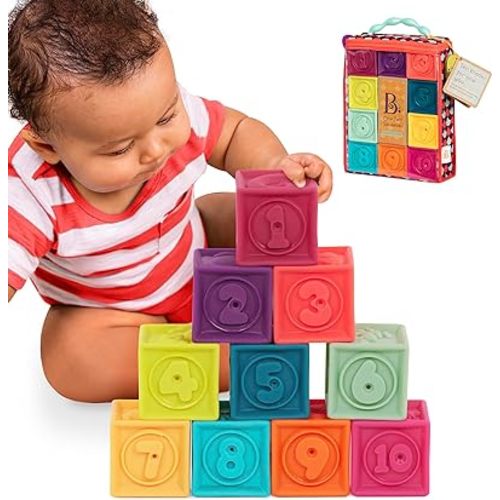 B. toys- B. baby – Baby Blocks – Stacking & Building Toys For Babies – 10 Soft Blocks With Numbers, Shapes, Animals – Educational & Developmental – 6 Months + – One Two Squeeze