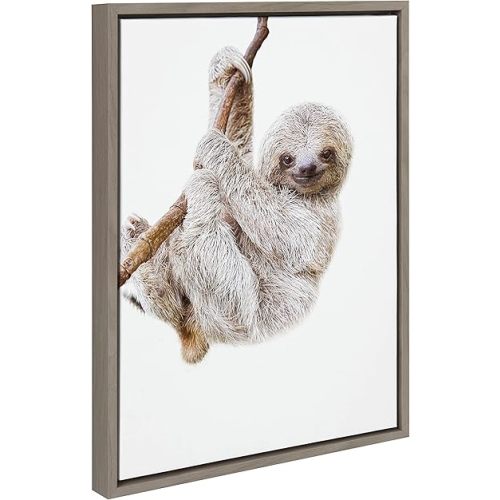Kate and Laurel Sylvie Baby Sloth Hanging Around Framed Canvas Wall Art by Amy Peterson Art Studio, 18x24 Gray, Modern Animal Portrait Art for Wall