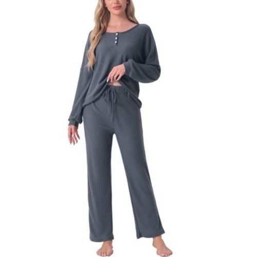 cheibear Women's Waffle Knit Lounge Sweatsuit Sets Long Sleeve Shirt and Pants Pajama Set