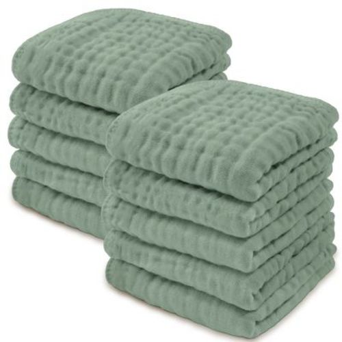 Baby Washcloths Muslin Cotton, Large 10”x10” by Comfy Cubs (Fern, Pack of 10)