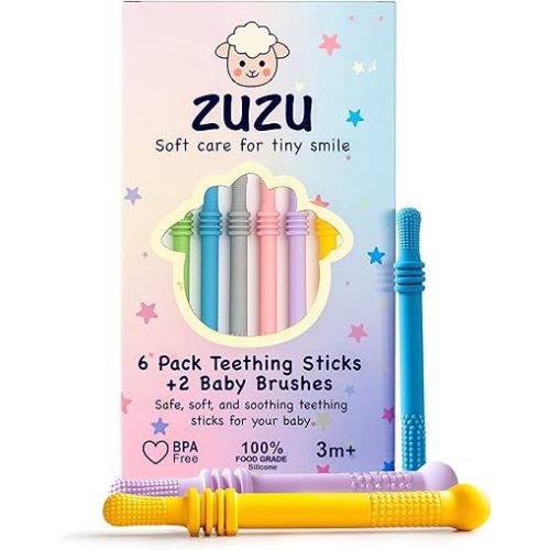 Zuzu 6‑Pieces Baby Teether Teething Sticks , Montessori Toy for 3 6 9 12 24 36 Months, Newborn, Infant Sensory Relief Toy, Parent & Baby Essentials, 0 1 2 3 Years Gift – BPA‑Free, Food‑Grade Silicone