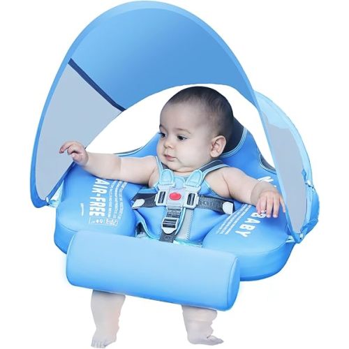Mambobaby Float with Canopy Size Improved Non Inflatable Infant Baby Pool Float Smart Mambo Float Swim Trainer Baby Swim Float Mambo Baby Float Solid Air Free Water Waist Swimming Ring