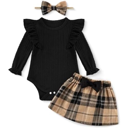 Weixinbuy Baby Girl Fall Skirt Outfits Toddler Long Sleeve Romper Plaid Skirt with Headband Newborn Infant 0-18M Clothes Set