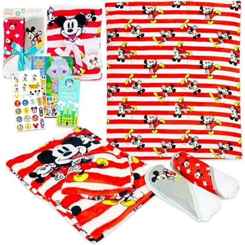 Mickey Mouse Baby Set- Bundle of Disney Baby Stuff: Mickey Blanket, 2 Hooded Towels, More | Mickey Nursery, Baby Shower, Toddler Gift Pack