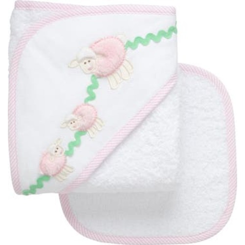 Playful Pals Hooded Towel & Washcloth Set - Pink Lamb