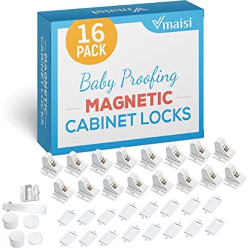 16 Pack Child Safety Magnetic Cabinet Locks - Vmaisi Children Proof Cupboard Baby Locks Latches - Adhesive for Cabinets & Drawers and Screws Fixed for Protection