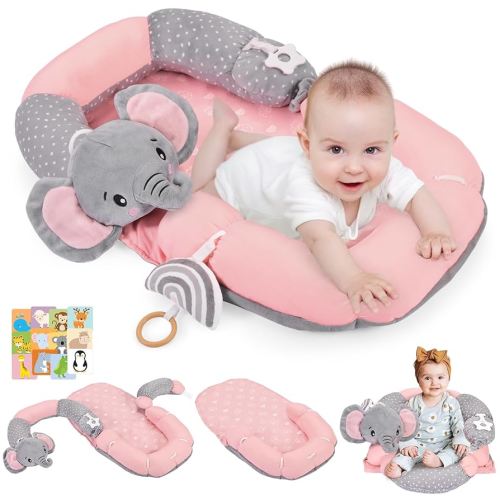 4 in 1 Tummy Time Mat & Seated Support Pillows with Educational Cards, Play Mat, Sitting Support for Newborn 0-12 Months, Infant Baby Sit Me Up Floor Seat, Sensory Development Gifts Play Toys,Elephant