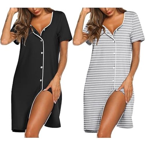 Ekouaer Nightgowns for Women 2 Pack Button Down Sleepshirt Short Sleeve Nightshirt Soft Sleepwear V Neck Pajama Dress