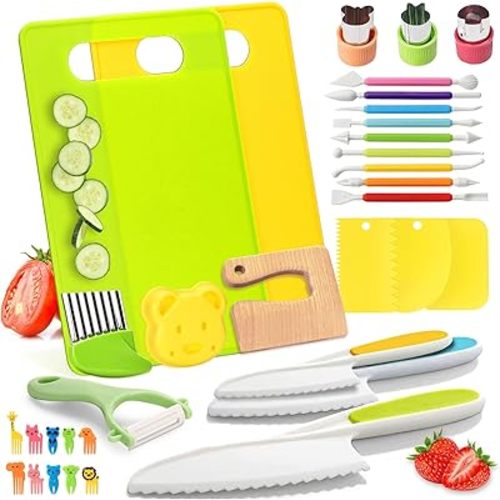 34 Pcs Montessori Kitchen Toys for Toddlers-Kids Knife Sets for Real Cooking with Safe Knives, Serrated Plastic Knives, Potato Slicers, Sandwich Cutter, Peeler and Cutting Board