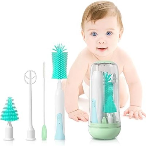 Electric Bottle Brush Cleaner Baby, Silicone Electric Baby Bottle Brush Set with Nipple Brush/Baby Formula Mixer USB Rechargeable & 2 Mode 360° Spinning Cleaner. Essential Feeding Supplies for Moms
