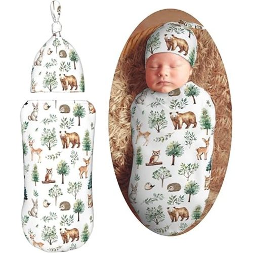 Watercolor Woodland Animal Tree Swaddle Blanket with Beanie Hat Set Newborn Swaddle Wrap Soft Baby Receiving Blankets Baby Swaddle Sleep Sack for Baby Boys and Girls