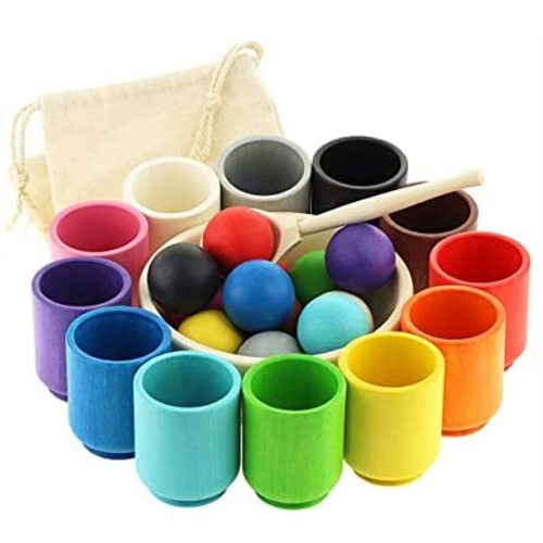Ulanik Balls in Cups Large Montessori Toy Wooden Sorter Game 12 Balls 35 mm Age 1+ Color Sorting and Counting Preschool Learning Education (2 Edition)