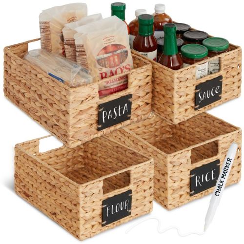 Best Choice Products Set Of 4 12in Woven Water Hyacinth Pantry Baskets W/ Chalkboard Label, Chalk Marker - Gray