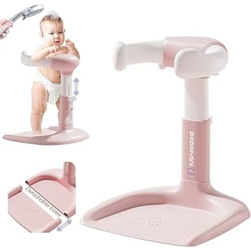 Baby Shower Stand 2025 Upgraded, Removable base, Shower Standing Support with Adjustable Height and Armrest, Bath Stand with Anti-Skip and Shower Head Holder, Ideal Gift for Infants 6-36 Months (pink)