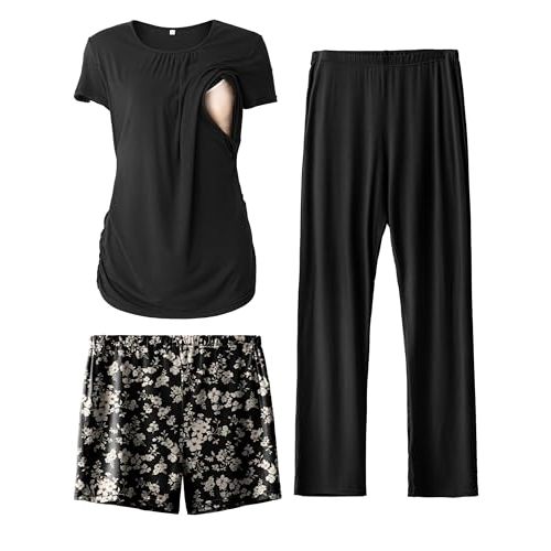 SUNNYBUY Womens Maternity Nursing Pajamas Set, Short Sleeve Breastfeeding Shirts，Pregnancy Shorts & Pants 3 Piece Nursing PJS