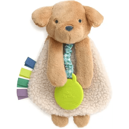 Itzy Ritzy - Itzy Lovey Including Teether - Baby Lovey with Teether, Textured Ribbons & Dangle Arms - Features Crinkle Sound, Sherpa Fabric and Minky Plush (Puppy)